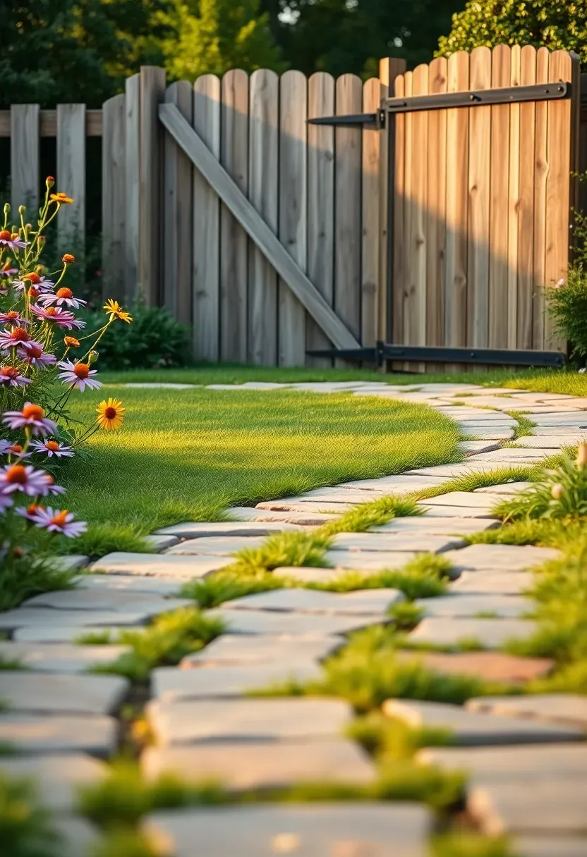 A gently curving walkway of natural stone pavers winding through a green lawn toward a garden gate with perennial flower beds on one side
