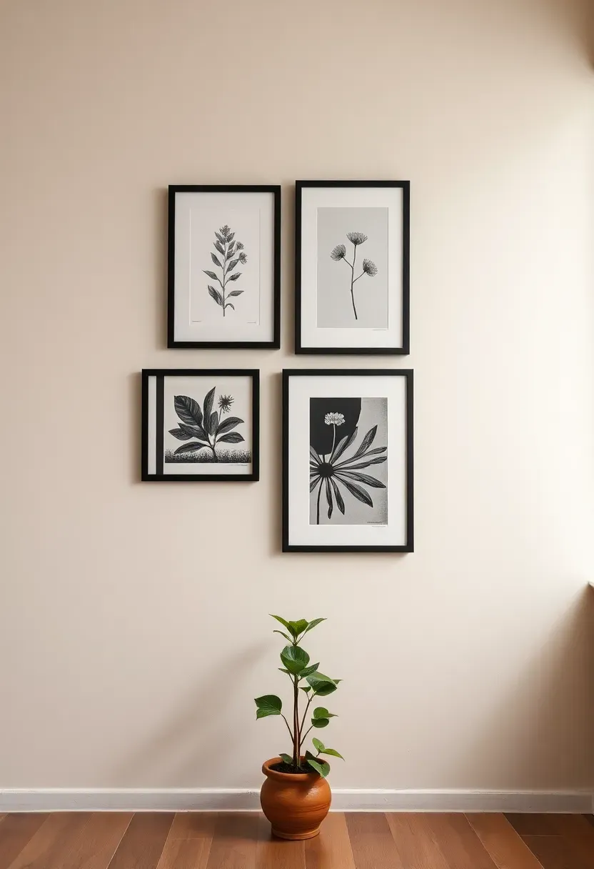 Gallery wall with consistent black frames, mixed art sizes and printed artwork on a neutral wall