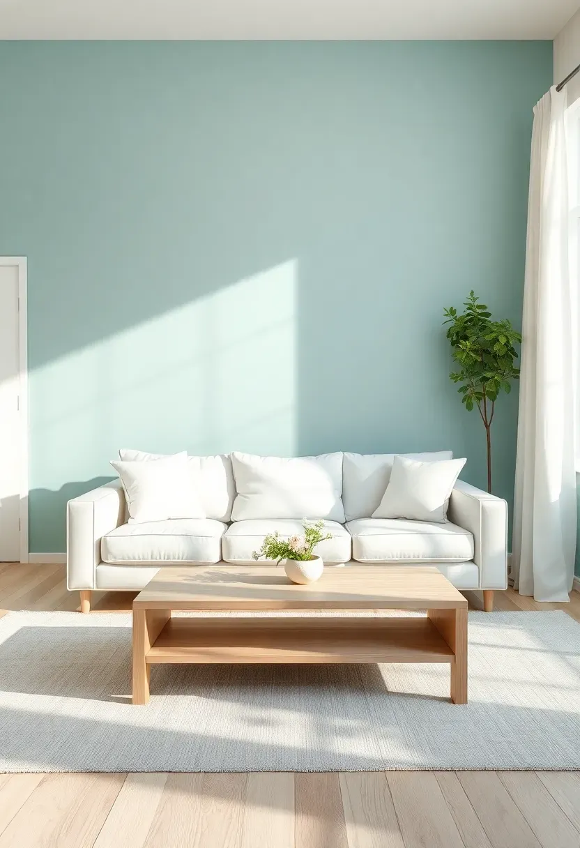 Hyper-realistic 3/4 view of a minimalist living room with soft aqua accent wall behind white sofa, white oak coffee table, and white linen drapes. Materials: matte aqua paint with gray undertones, white cotton upholstery, white oak wood, white linen curtains, light gray wool rug. Bright natural daylight, soft shadows, fresh and serene atmosphere. Clean composition with negative space, sharp textures, no clutter, no text, no watermarks.</p>