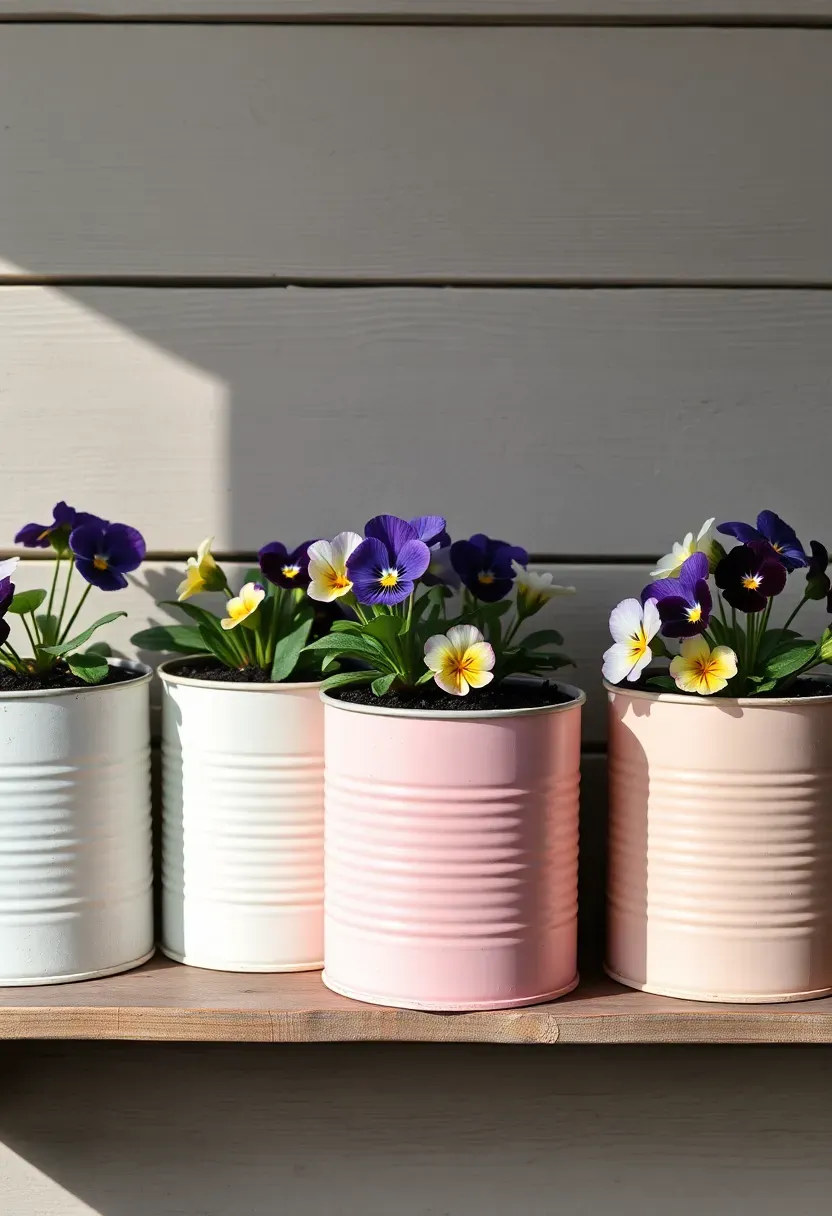 recycled tin cans painted white with spring flowers planted inside on a rustic shelf