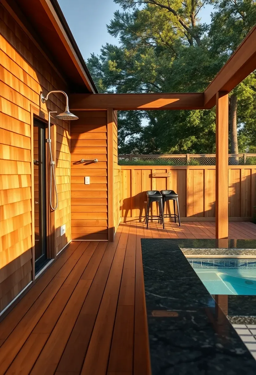 A backyard pool house with an attached deck extending to a swim spa, featuring a changing room, small bar counter, and outdoor shower
