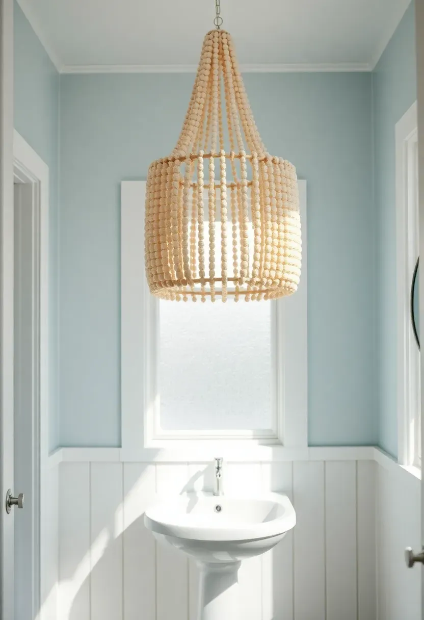 Whitewashed beaded wood chandelier in a coastal bathroom with shiplap walls and a pedestal sink