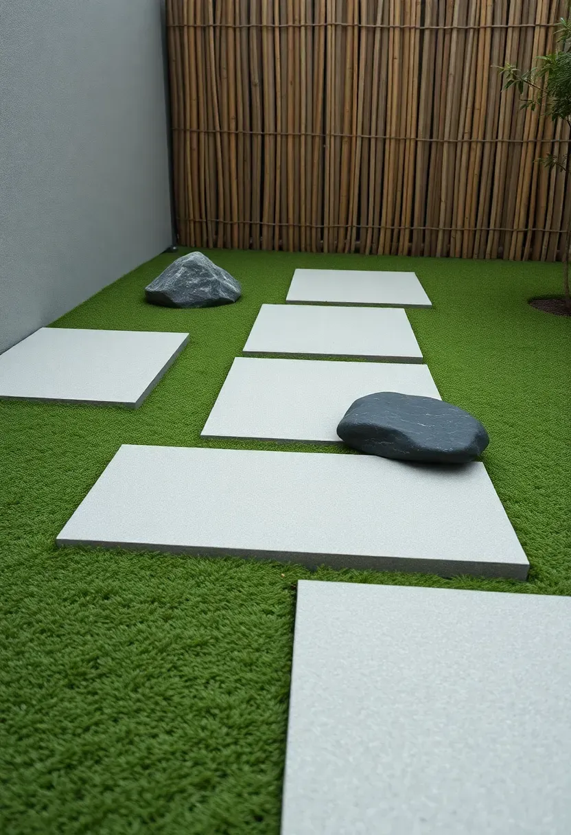 A minimalist Japanese-inspired zen corner with rectangular light gray pavers arranged in an asymmetric pattern surrounded by moss-like turf and three river rocks
