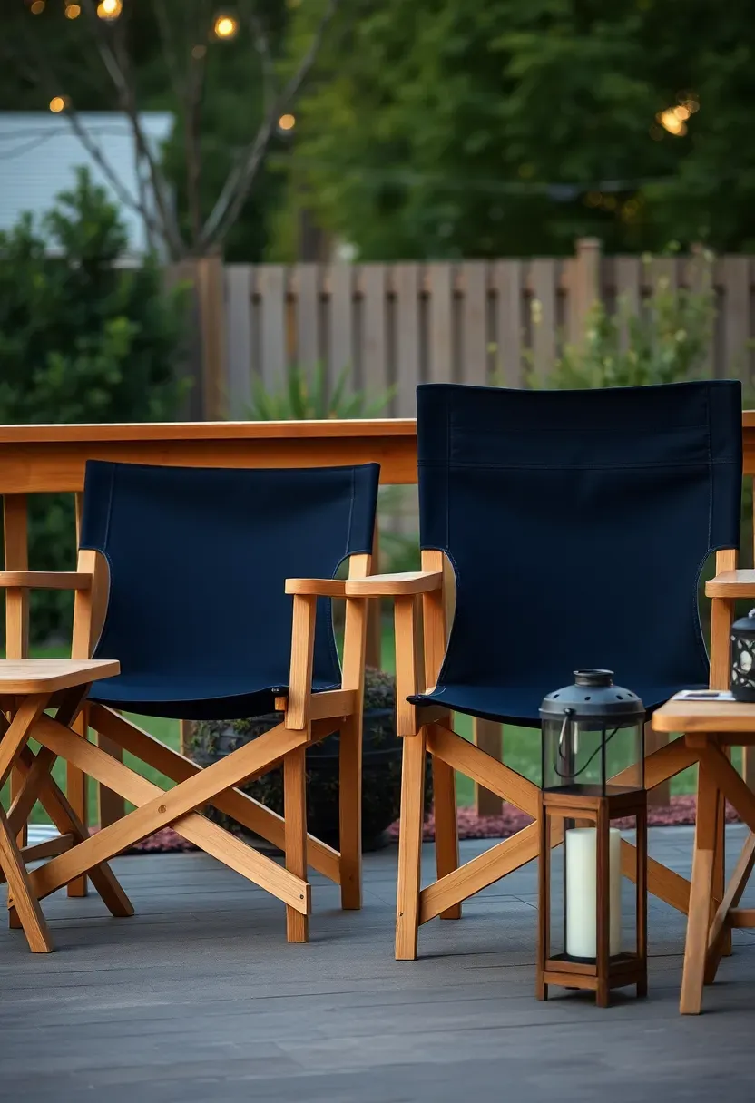 Two folding wooden director chairs with canvas backs on a backyard deck next to a portable side table and lantern