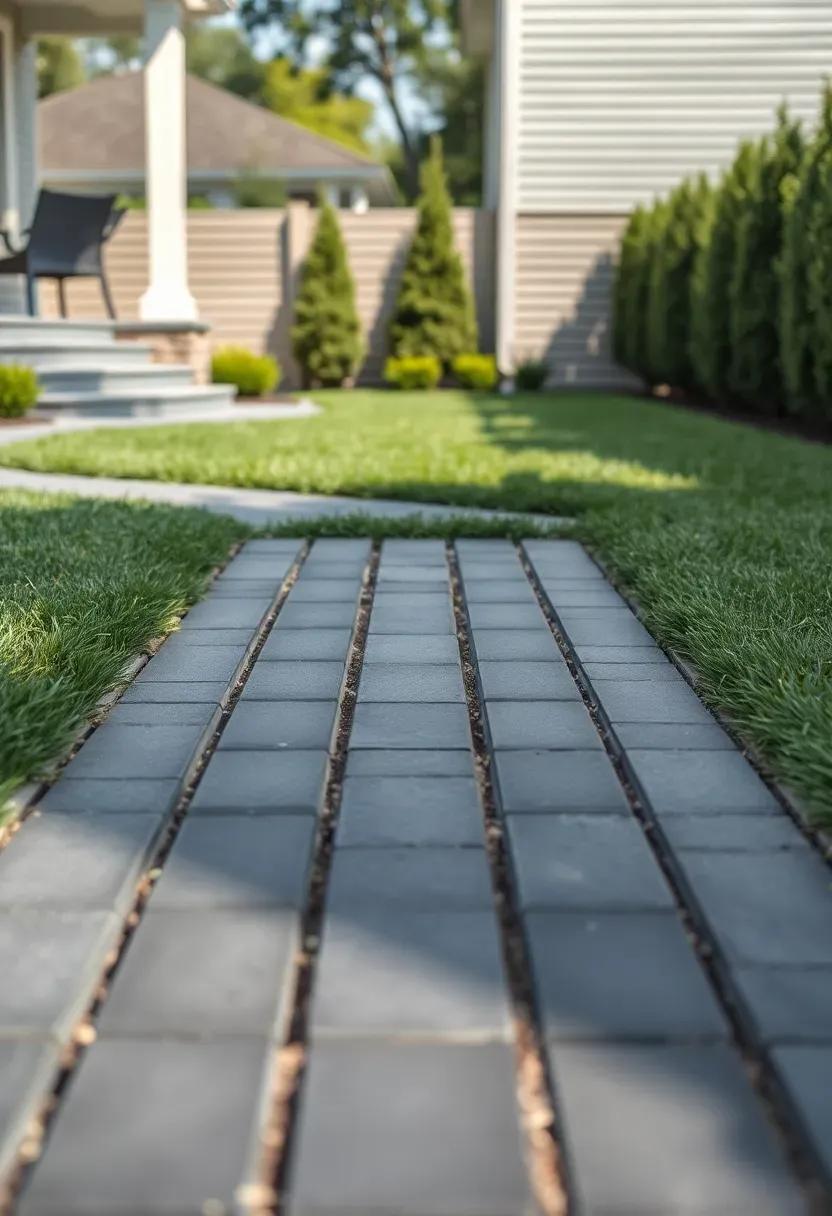 A straight concrete paver walkway in charcoal gray leading from a patio to a backyard lawn area with clean borders