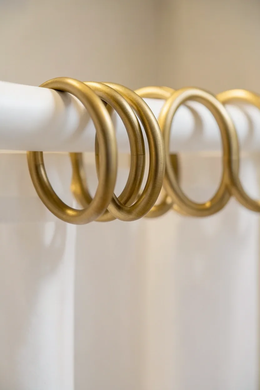 Set of matte black brushed metal shower curtain rings on a white rod in a small bathroom — affordable detail upgrade under $25