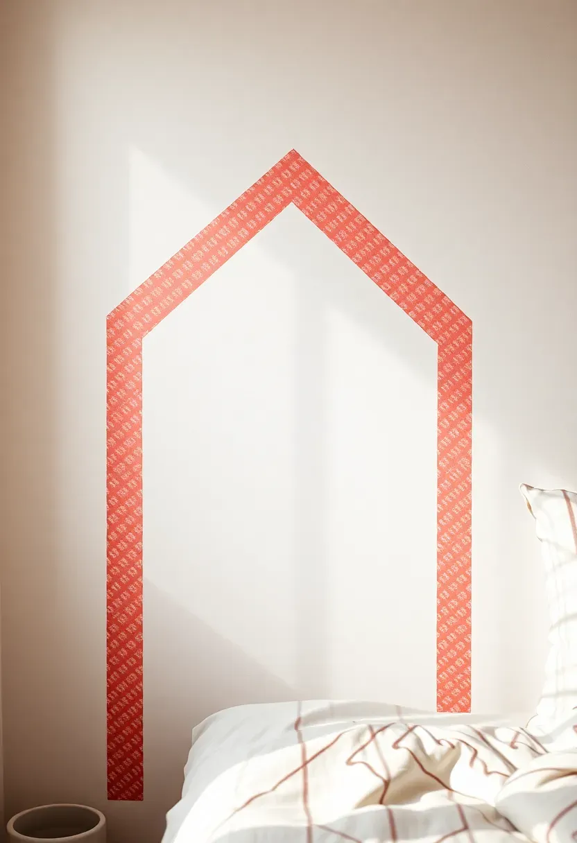 Removable washi tape geometric mural on a white bedroom wall, colorful patterned tape creating a renter-friendly accent wall
