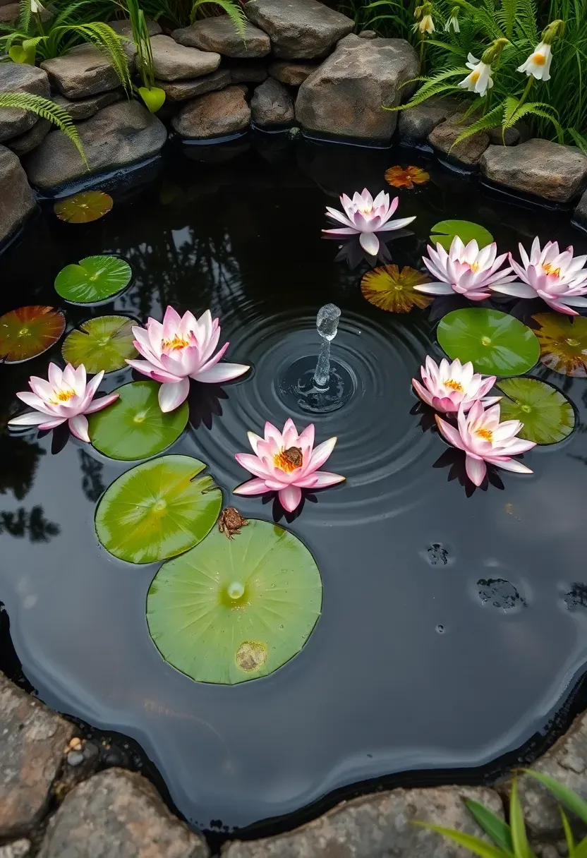 A small backyard pond with water lilies, marginal plants, and a gentle bubbler fountain surrounded by natural stones and ferns