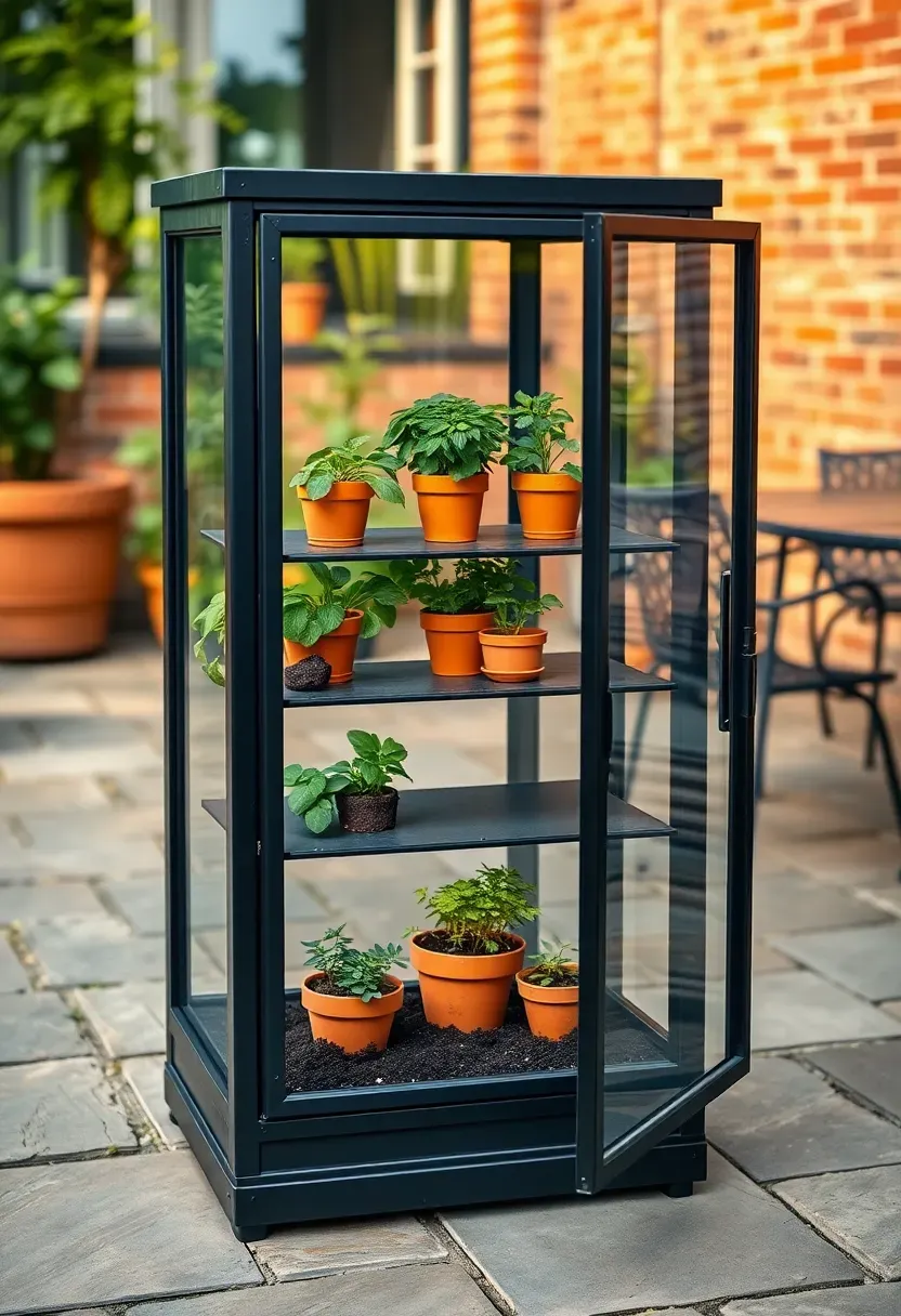 A small glass-paneled mini greenhouse cabinet on a patio with multiple shelves holding herbs and succulent plants
