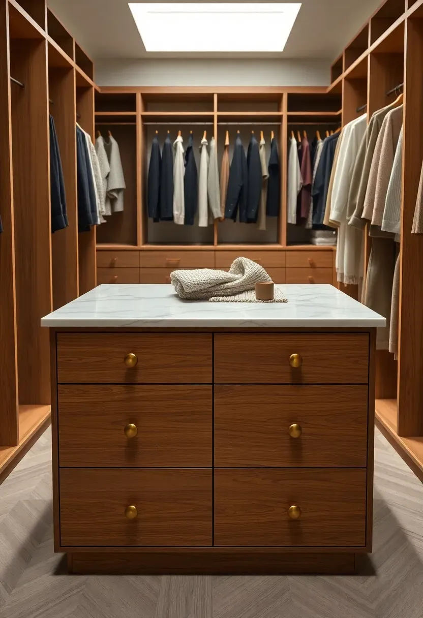 Walk-in closet with a central wooden island featuring six drawers with brass hardware, a marble countertop, and hanging clothes on both sides