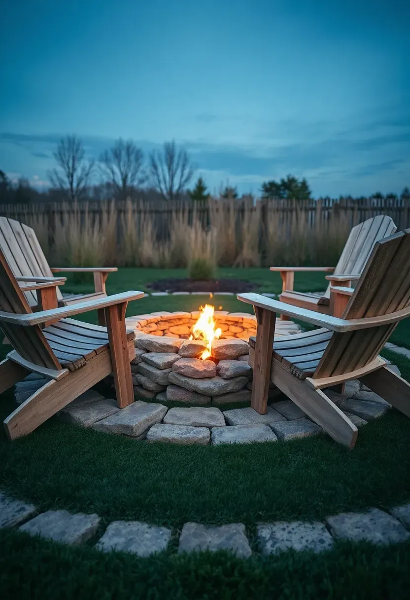 Circular fire pit with stone surround on a synthetic turf patio area with Adirondack chairs arranged around it at dusk