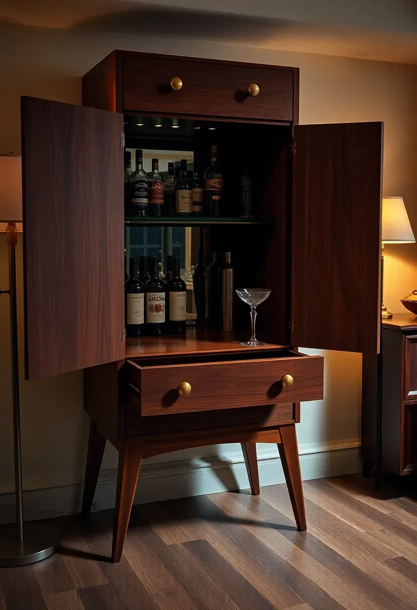 mid-century modern walnut bar cabinet with tapered legs brass hardware and interior mirrored back panel in a basement setting