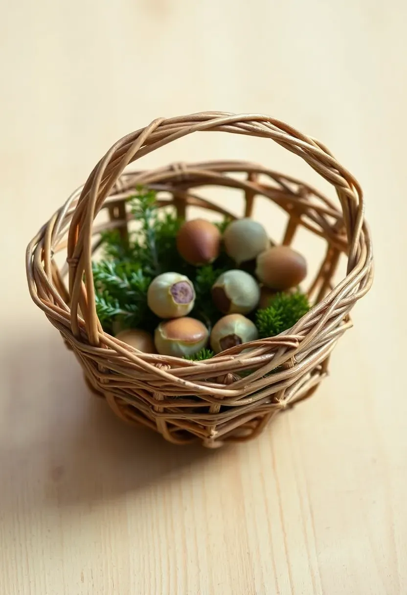 hand-woven willow branch basket with natural bark texture sitting on a wooden surface filled with spring bulbs