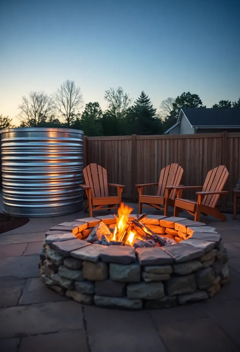 Stock tank pool positioned eight feet from a stone fire pit with Adirondack chairs between them, glowing fire and lit pool at twilight