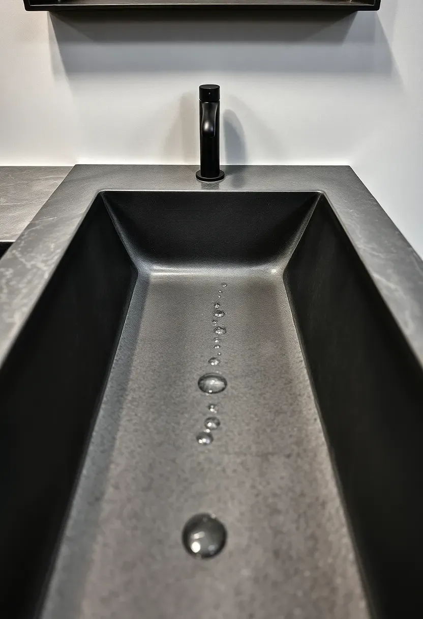 Modern concrete trough sink with a linear built-in drain slot along the back edge