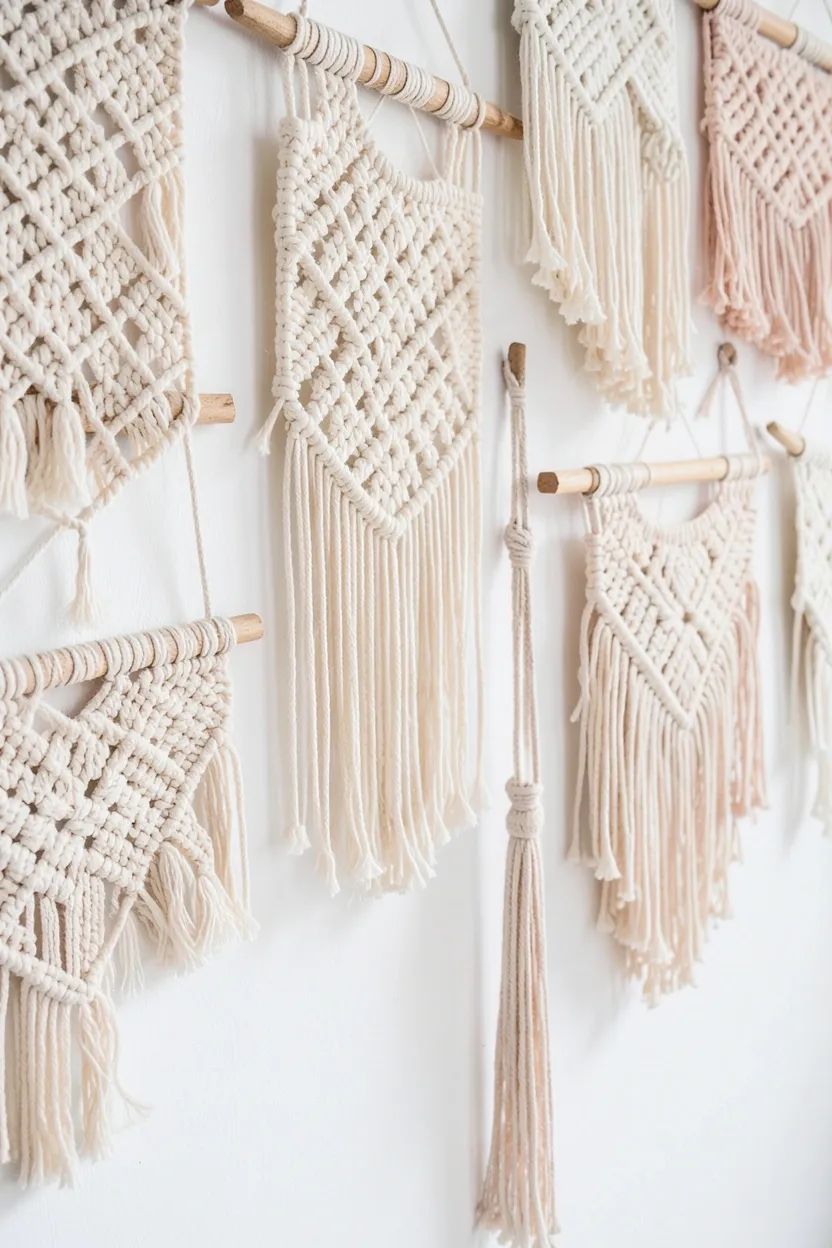 Gallery wall of macramé wall hangings in natural cotton rope in a dreamy boho bedroom — handmade decor without drilling