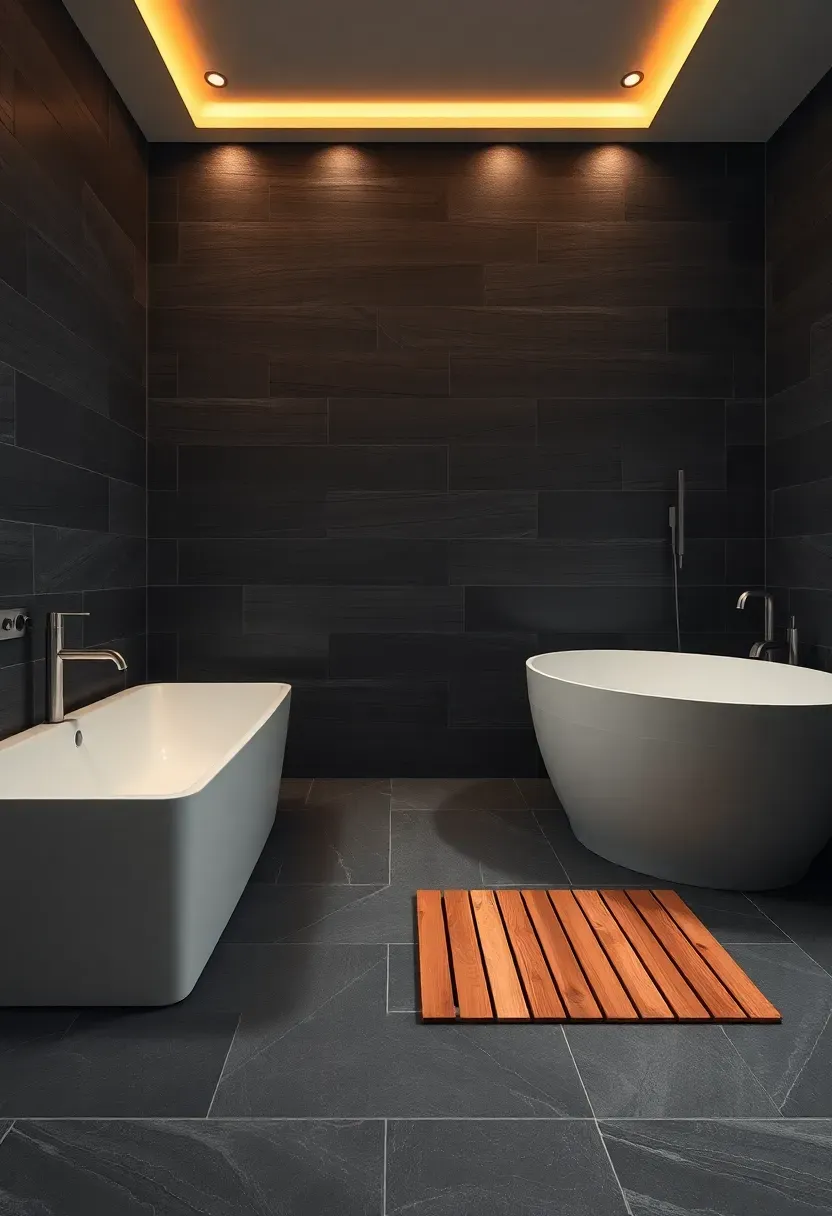 Dark slate tile bathroom floor with natural cleft texture warm ambient lighting and a wooden bath mat beside a soaking tub
