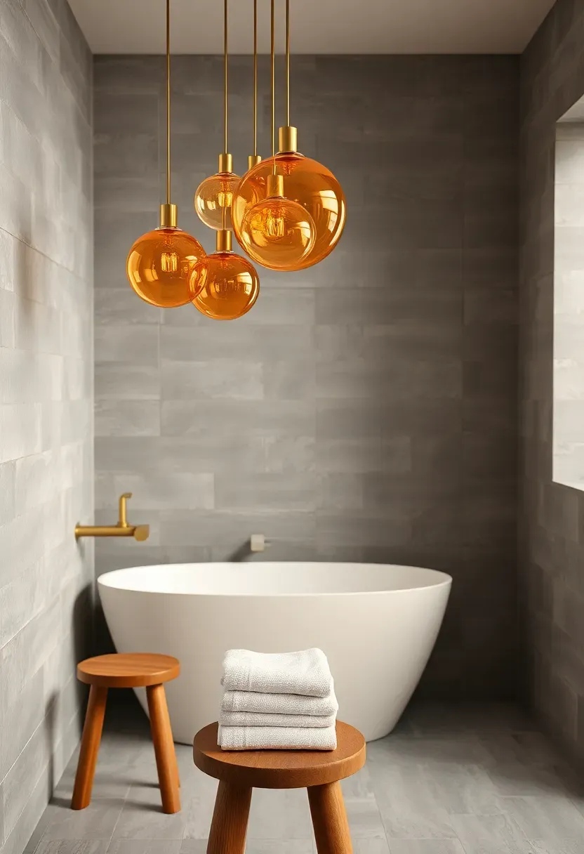 Hand-blown glass bubble cluster chandelier in warm amber and clear tones hanging in a spa-like bathroom