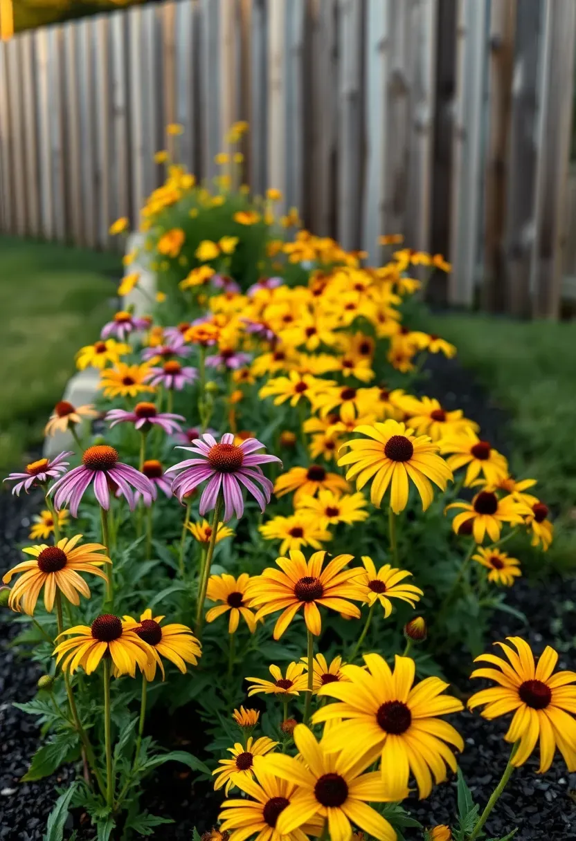A long perennial border in a budget backyard garden with coneflowers, black-eyed susans, and daylilies grown from seed and division
