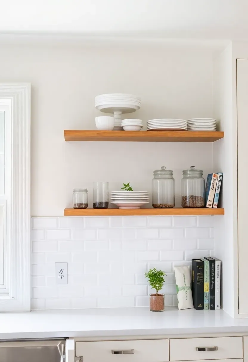 Kitchen with upper cabinets removed and replaced by open wooden shelves displaying white dishes, glass jars, and small potted herbs