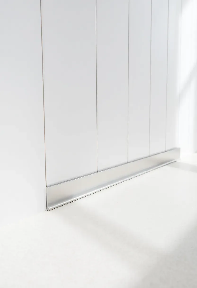 Slim silver aluminum L-profile base trim along a bathroom floor meeting large white wall tiles