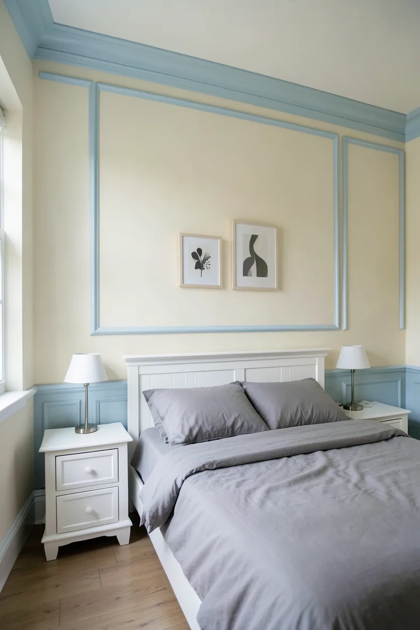 Hyper-realistic eye-level photograph of bedroom wall featuring light blue painted crown molding and picture rail at ceiling height. Cream walls, white bed with gray bedding, two white nightstands, minimal wall art at picture rail height. Materials: painted light blue wood molding, cream painted walls, cotton gray bedding, white painted wood furniture. Natural light from window, elegant architectural atmosphere. Shallow depth of field, sharp details on molding profile, balanced composition showing wall treatment and room context. No text, no logos, no watermarks.</p>