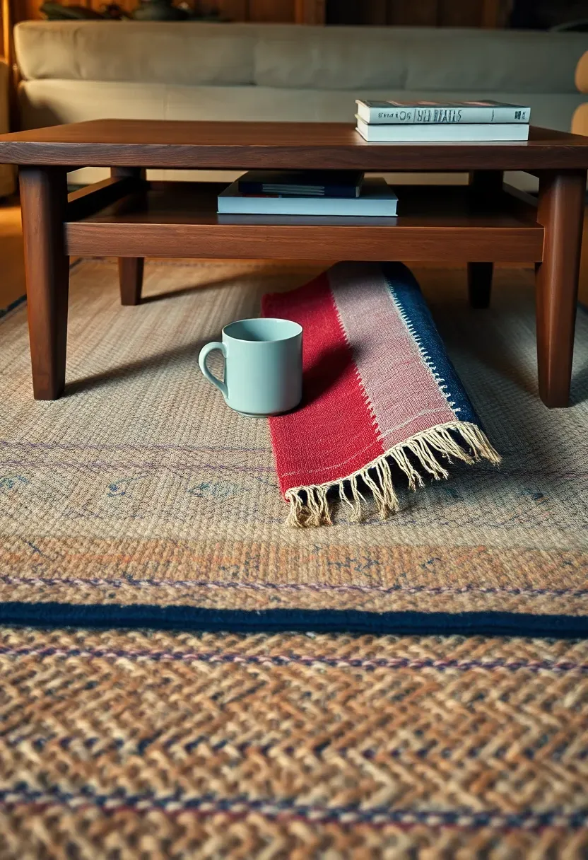 Layered vintage rugs in complementary patterns and muted tones on a basement floor creating a bohemian living space