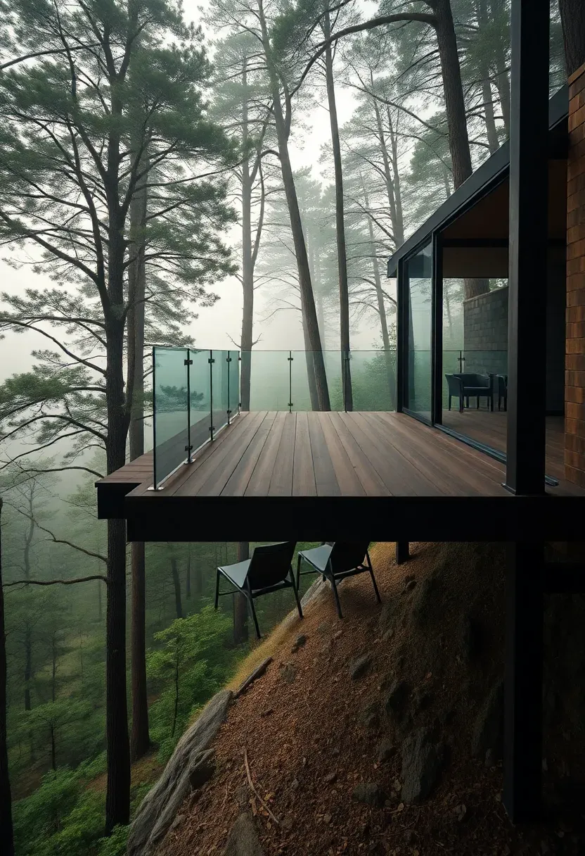 Cantilevered deck extending out from a hillside with steel beam supports, forest views below, and modern glass railing