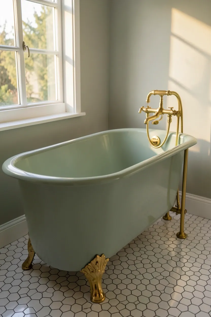 Sage green freestanding bathtub near a window with brass wall-mounted faucet and white hexagonal floor tiles