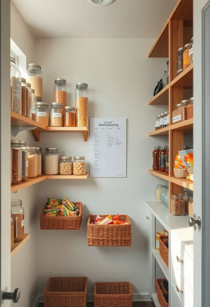 Hyper-realistic 3/4 view of an organized kitchen pantry showing clear glass jars with dry goods labeled, wooden shelves with spices in uniform jars, baskets for snacks, visible meal planning sheet on wall. Materials: clear glass, light wood shelves, wicker baskets, white walls. Natural light from window creating warm organized atmosphere. Visible system and order making meal prep simple. Real Simple magazine organization feature style. No text, no logos, no watermarks.</p>