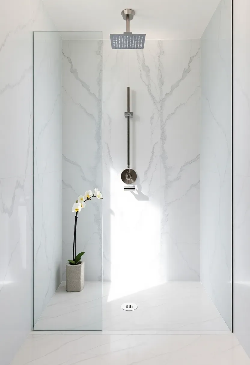 Bookmatched white marble slab shower walls with frameless glass enclosure and polished nickel fixtures