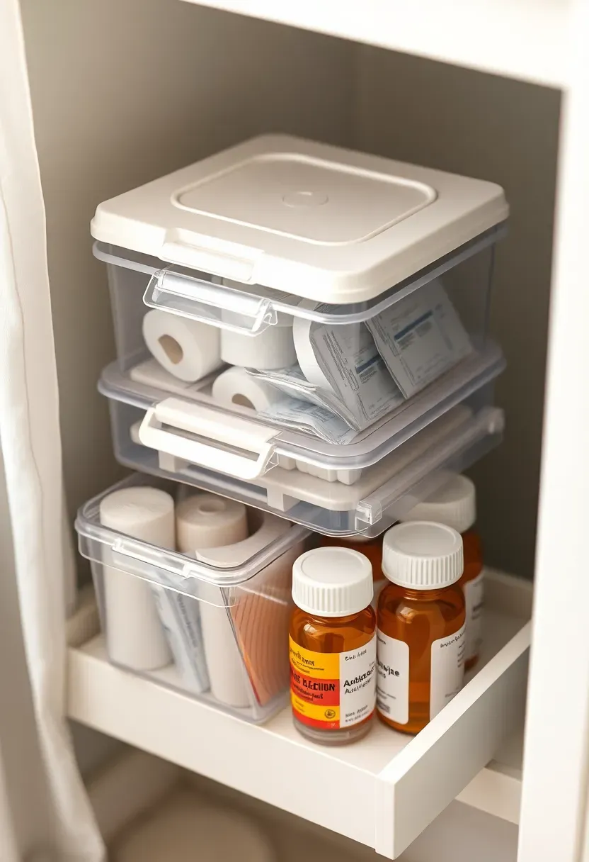 Stackable clear plastic bins with snap-on lids organized inside a bathroom drawer holding first aid supplies and medications