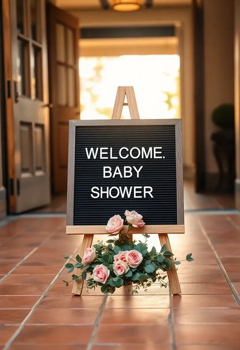 charming letterboard welcome sign with custom baby shower message decorated with fresh flowers and greenery on a wooden easel at the venue entrance