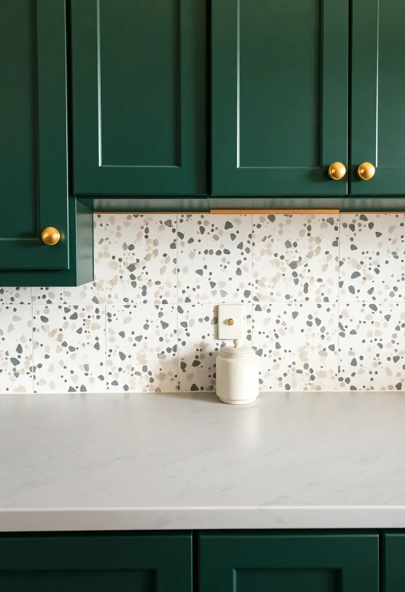 terrazzo-look tile backsplash in neutral cream and gray tones in kitchen with dark forest green cabinets and white quartz countertops