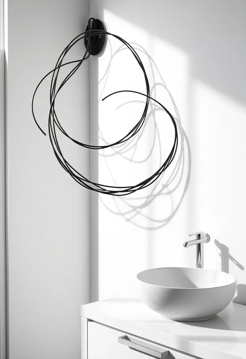 Abstract wire sculpture art piece in black metal forming an organic flowing shape mounted on a bright white bathroom wall
