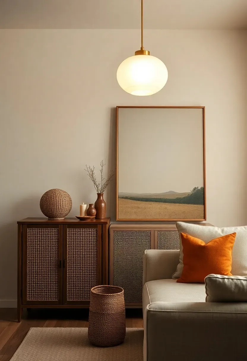 Globe pendant with cane cabinet and art wall