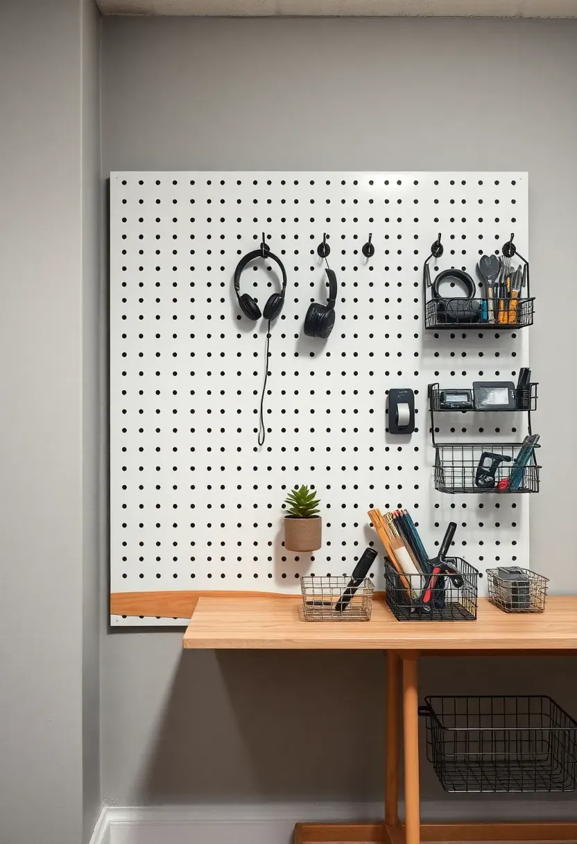 Large pegboard wall organizer with hooks holding tools, headphones, and accessories in a basement workspace