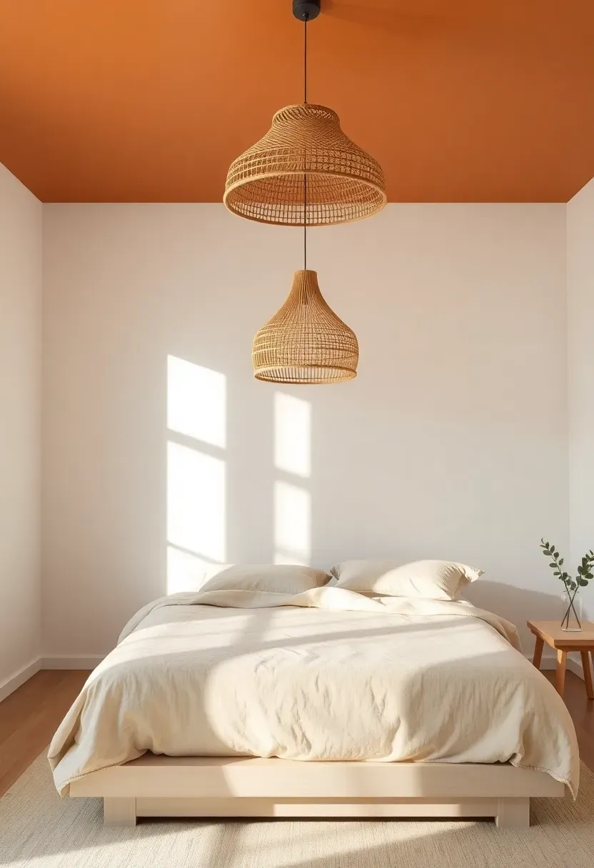 Bedroom with a soft terracotta painted ceiling, white walls, linen bedding, and warm pendant light hanging from the colored ceiling