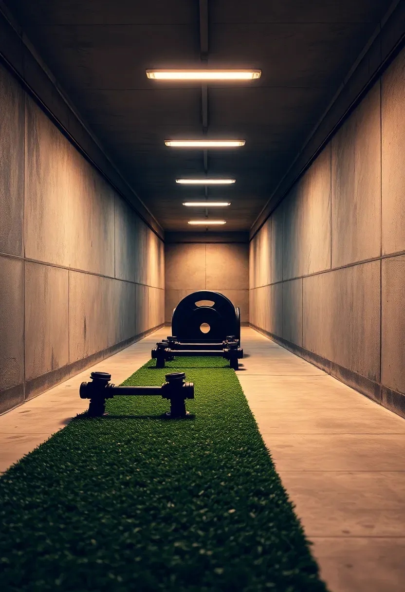Narrow sled push track with artificial turf strip running the length of a basement, weighted prowler sled at the starting end