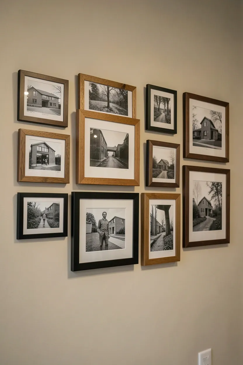 Gallery wall of black and white mid-century photographs in warm wood frames on beige wall in a vintage Scandinavian living room