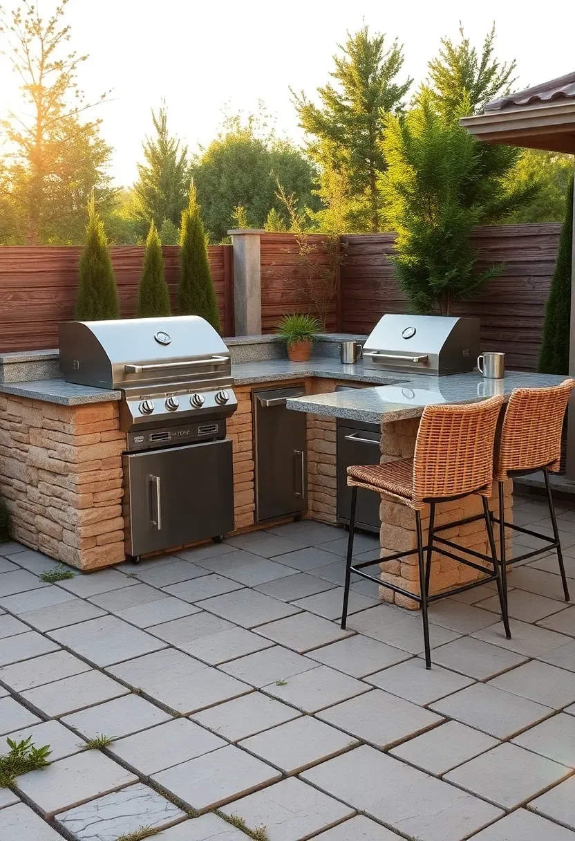 L-shaped outdoor grill counter with natural stone veneer, granite countertop, built-in gas grill, and bar stools on a flagstone patio