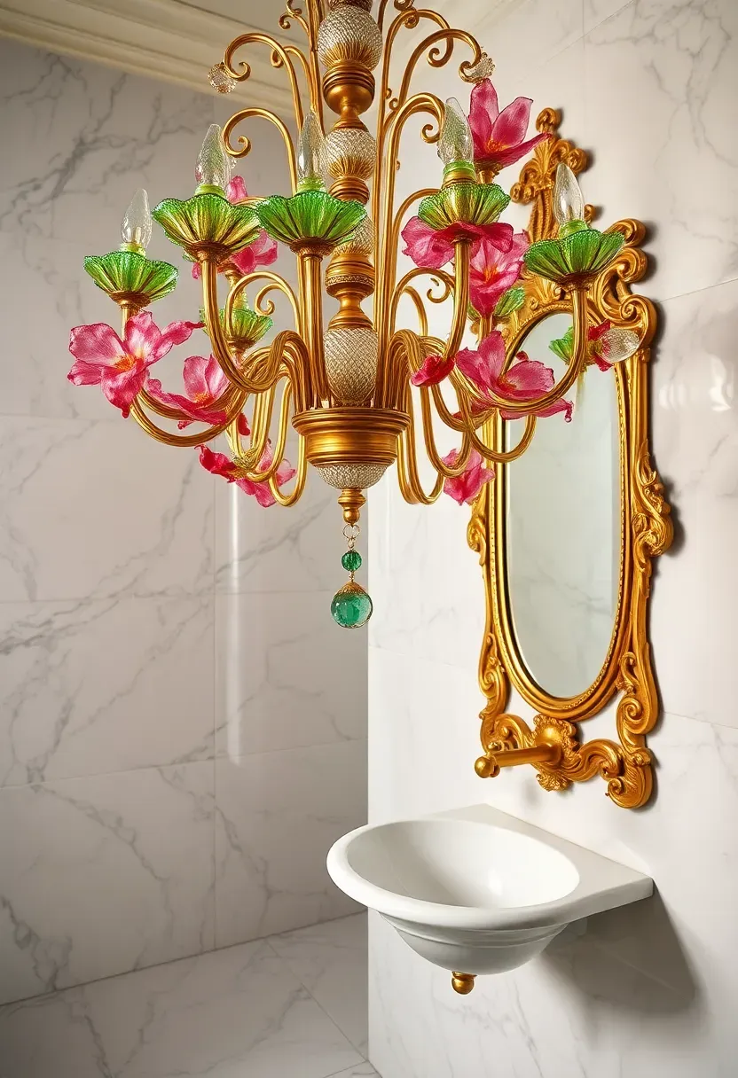 Colorful vintage Murano glass chandelier with floral details in an ornate bathroom with marble walls