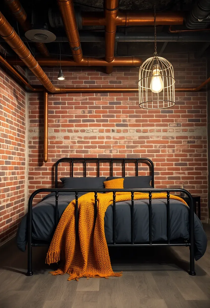 Industrial basement bedroom with exposed copper pipes along the ceiling and a red brick accent wall behind the bed