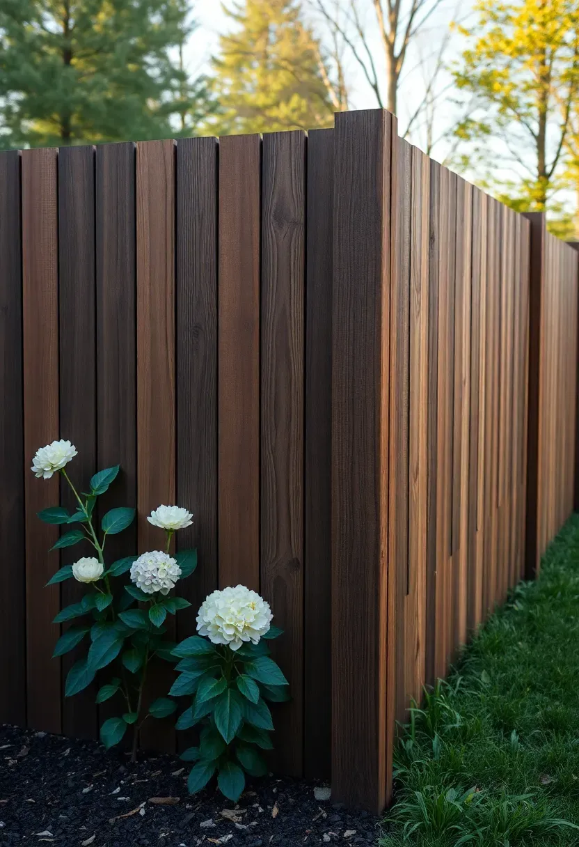 Board-on-board cedar privacy fence showing overlapping vertical planks with a dark stain in a suburban backyard
