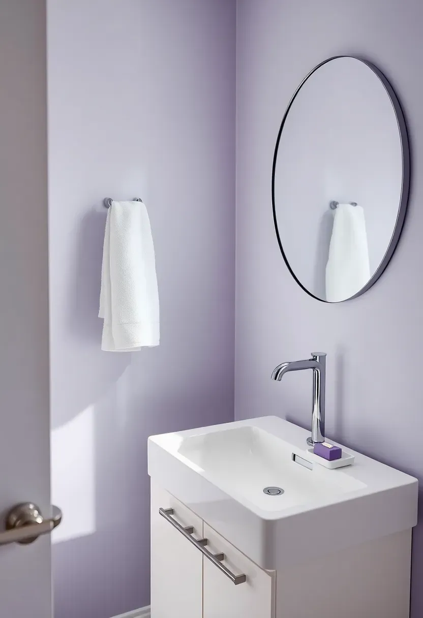 Serene small bathroom with icy lavender walls, chrome towel bar, and white floating vanity