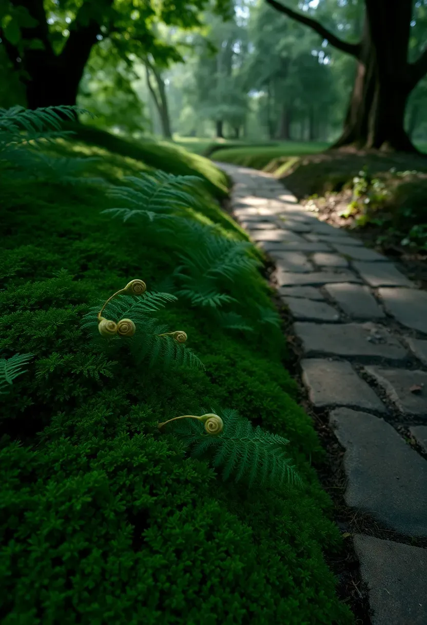 Shady woodland garden with lush green moss covering the ground, delicate ferns unfolding beside a natural stone path under mature tree canopy