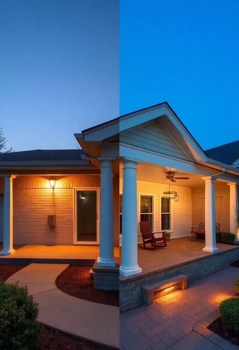 Dramatic before and after of a ranch home showing a flat facade with no porch transformed into a full covered porch extension with columns, ceiling fan, and furnished seating area