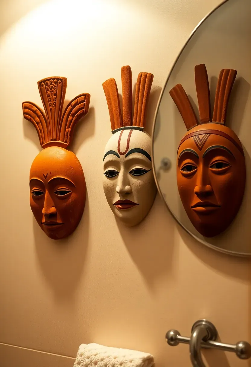 Three painted terracotta face masks in earth tones mounted in a vertical arrangement on a warm white bathroom wall