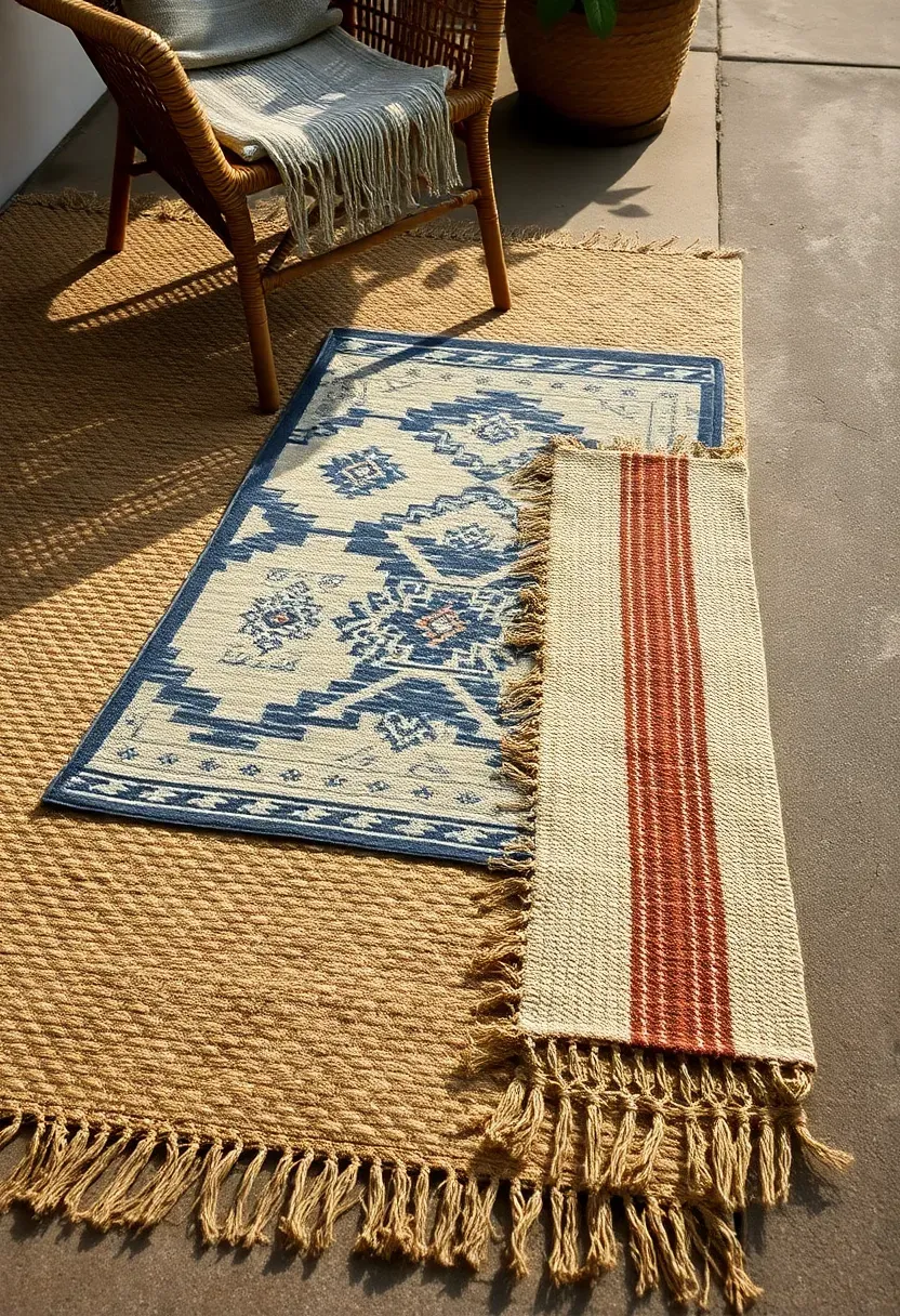 Layered vintage outdoor rugs in mixed patterns covering a backyard patio floor creating a rich textured sun room base