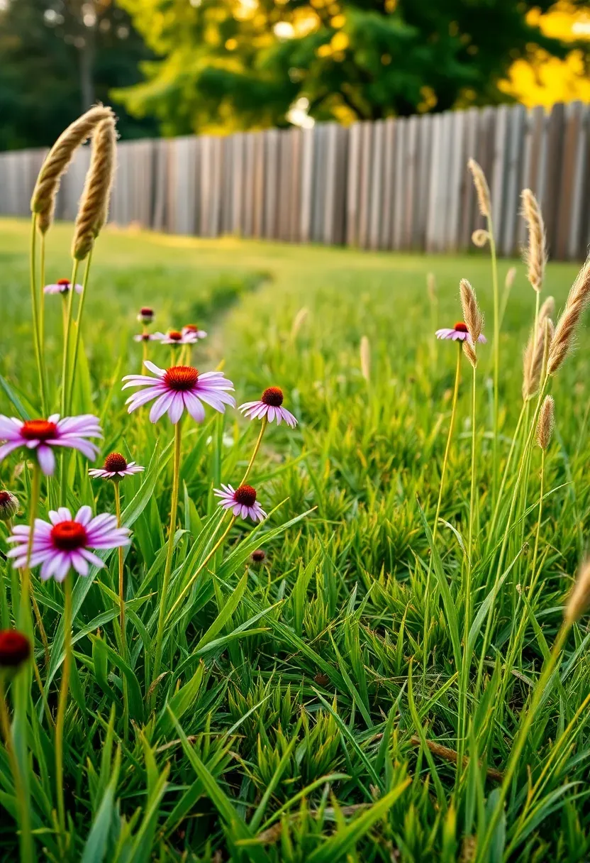 Backyard meadow with native wildflowers and tall grasses replacing a traditional lawn, mowed pathway curving through it